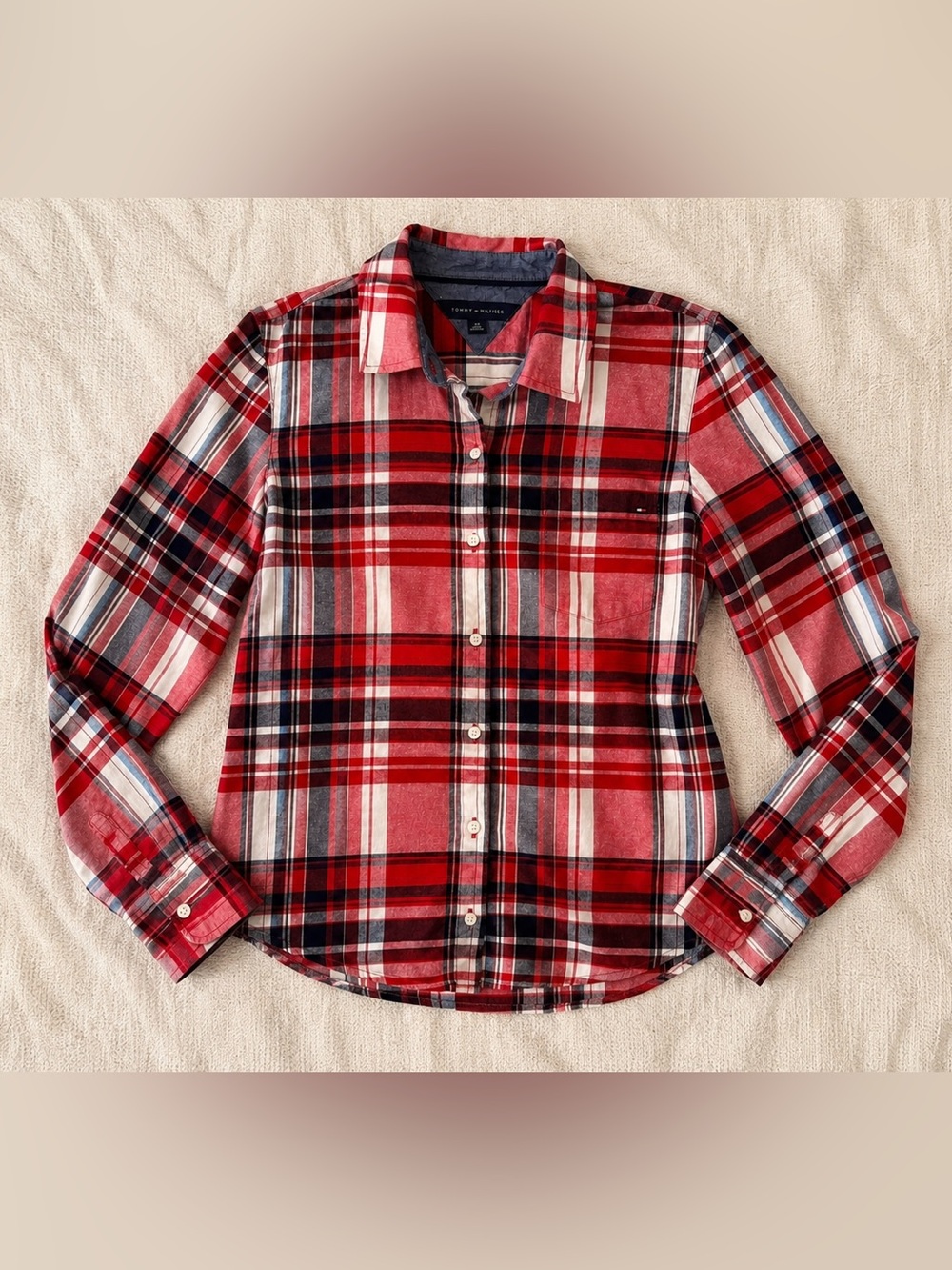 Tommy Hilfiger Women’s S Petite Plaid Flannel Shirt Red 100% Cotton Button Up - Picture 3 of 10